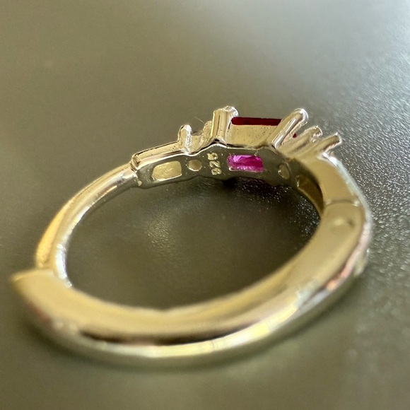 Sterling Silver Ruby Baguette Huggie Hoop Earrings 11mm - Picture 6 of 11